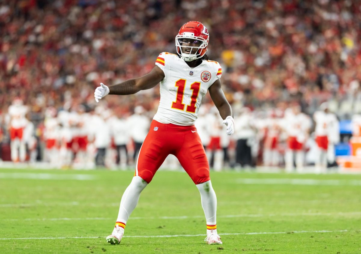Aug 9, 2025; Glendale, Arizona, USA; Kansas City Chiefs wide receiver Jalen Royals (11) against the Arizona Cardinals during a preseason NFL game at State Farm Stadium. Mandatory Credit: Mark J. Rebilas-Imagn Images