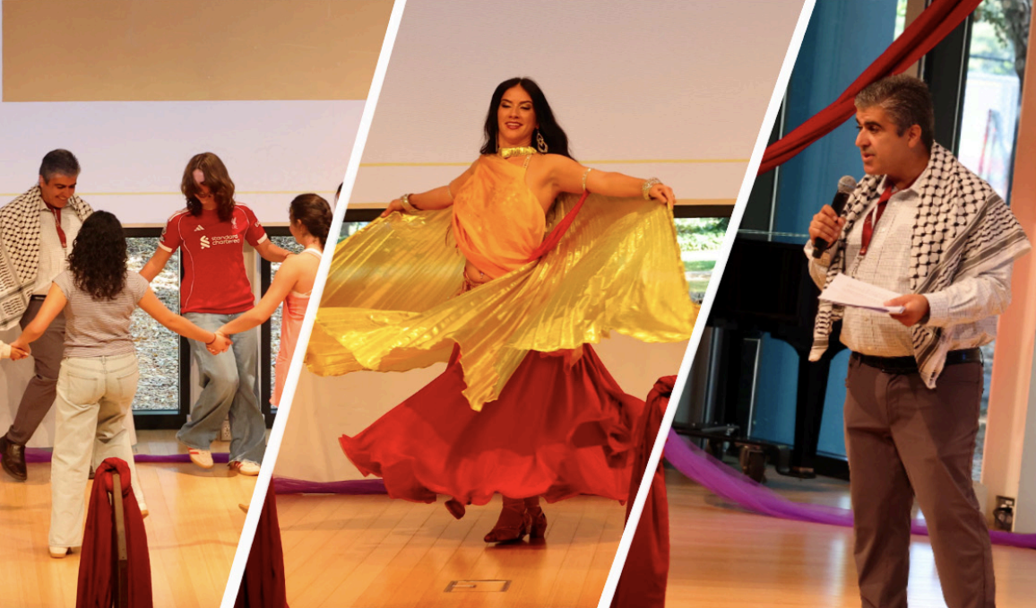Middle East and North Africa/Southwest Asia and North Africa Affinity Group hosted its first Community Life Gathering. From left
MENA/SWANA performing Dabke; Local belly dancer Nicole Maria demonstrates her art; Mr. Gus Elmashni, Math Instructor, addresses
SHP.