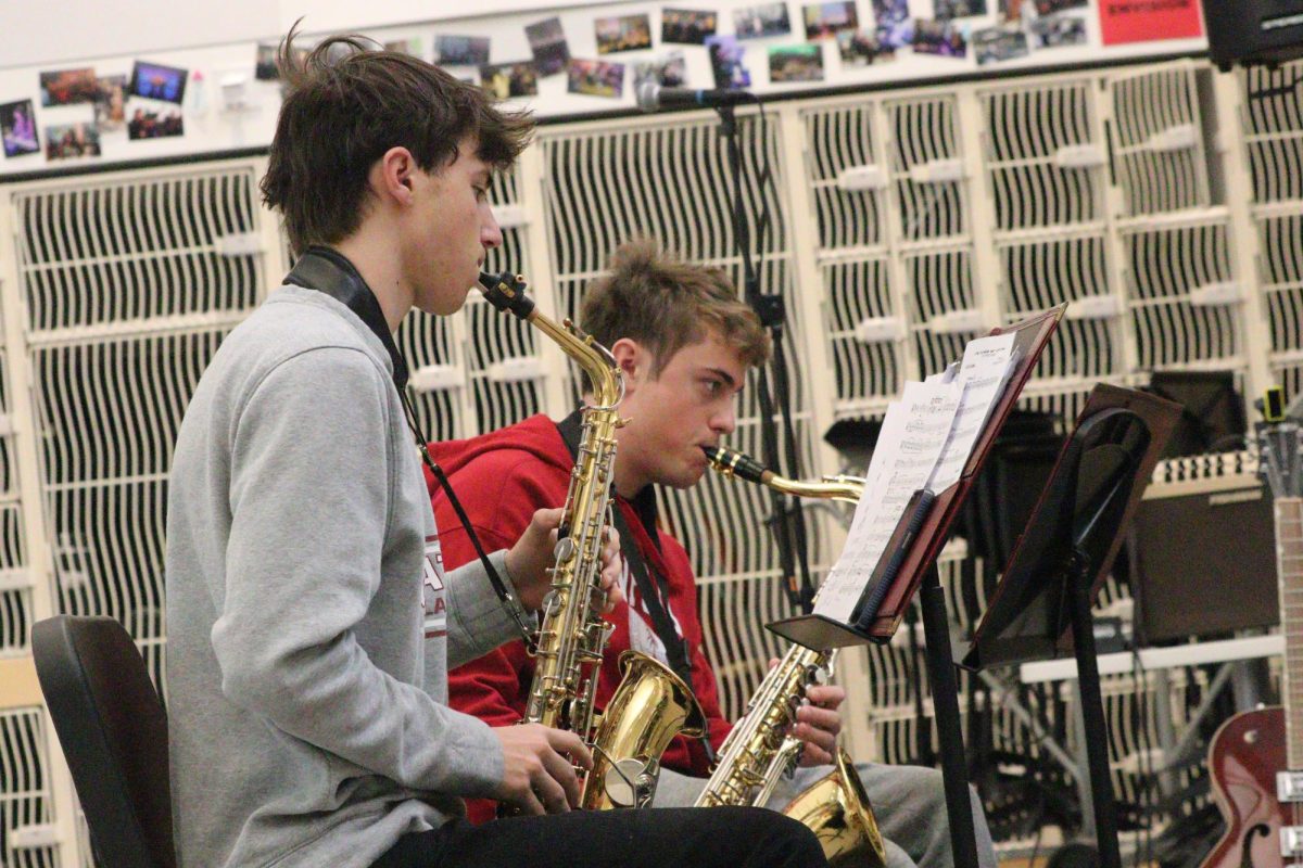 Baron Frolik '26 and Graham Keller '27 practicing the saxophone before school.
