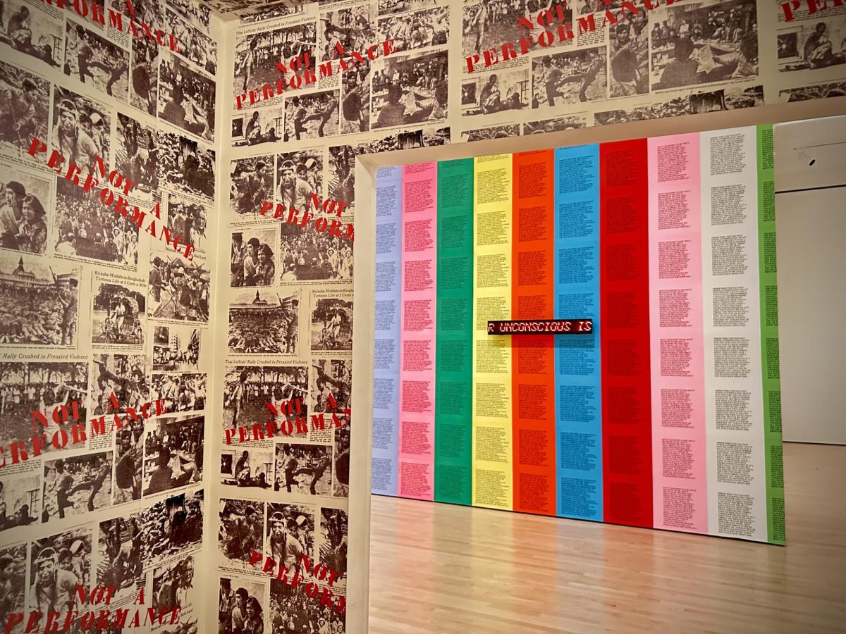 Afterimages: Echoes of the 1960s in the Fisher and SFMOMA Collections, featuring details of Jenny Holzer’s Truisms, 1983, and
Inflammatory Essays, 1979-82; and Adrian Piper’s Art for the Art World Surface Pattern, 1976.