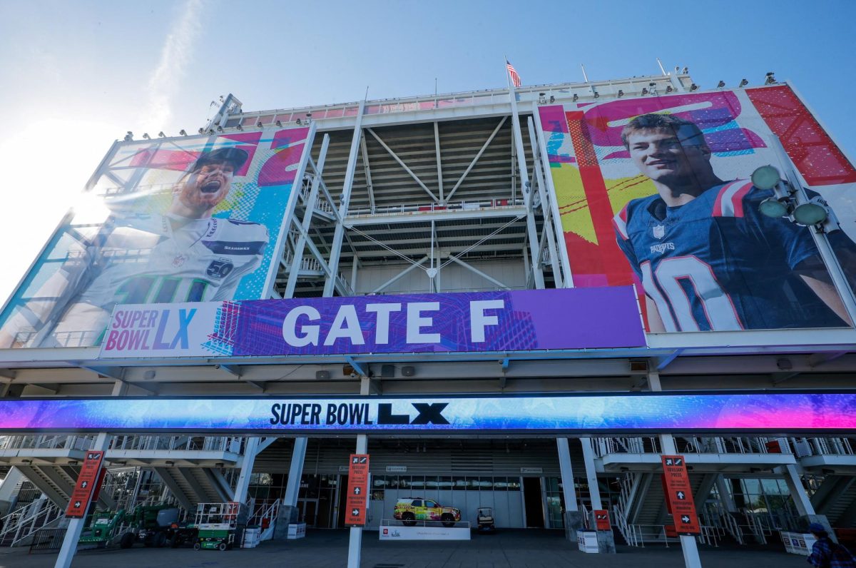 Giant-sized images of the two starting quarterbacks are displayed outside Levi's Stadium ahead of the Super Bowl LX game between the New England Patriots and the Seattle Seahawks in Santa Clara, California, U.S., February 6, 2026. REUTERS/Mike Blake