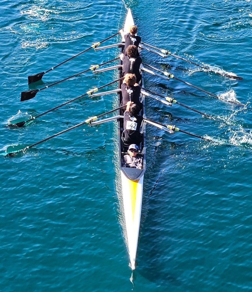 Coxswain Leland Danesh Maleki Tehrani '29 sets a rowing rhythm for his crew // Photo provided by Leland Danesh Maleki Tehrani '29